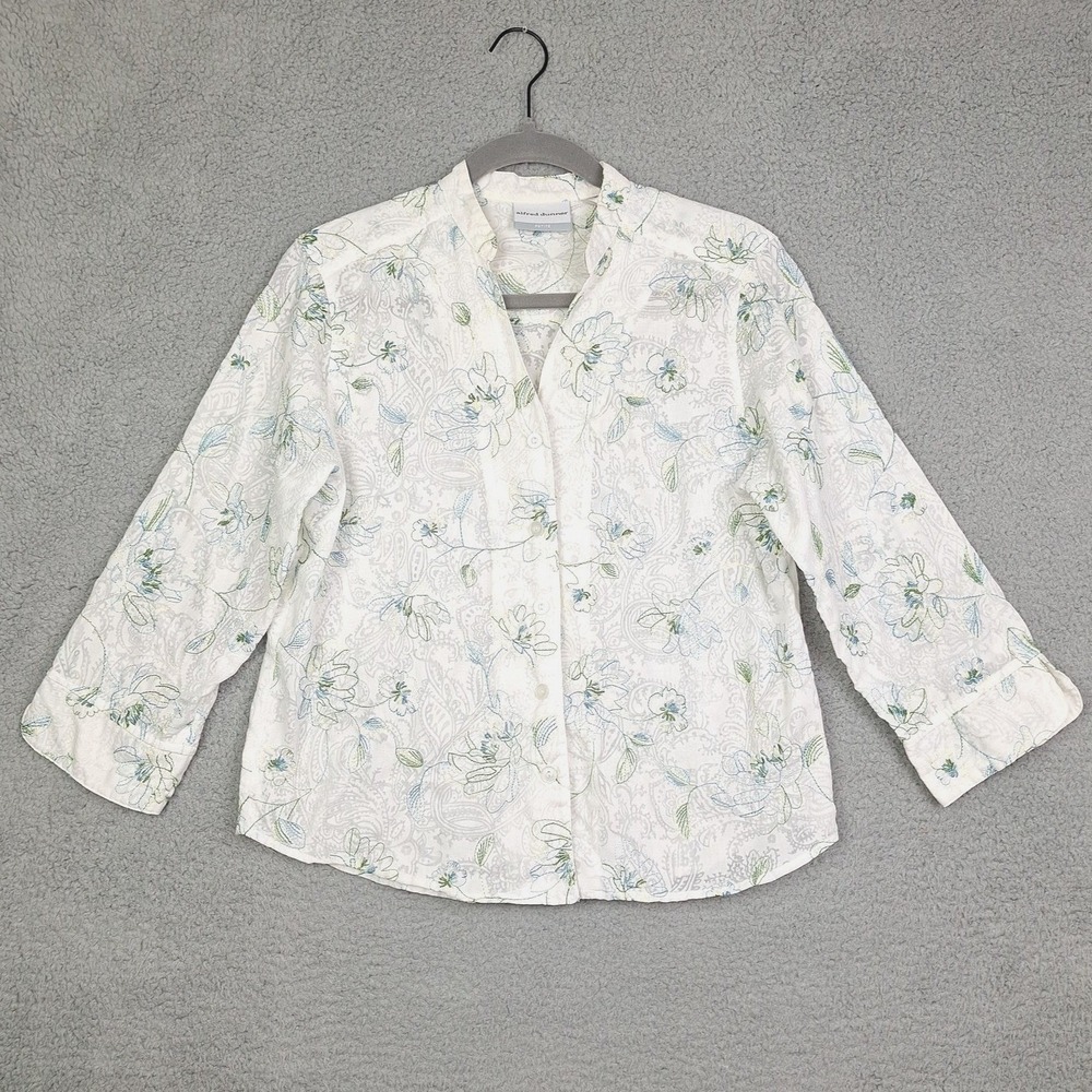 Alfred Dunner Shirt Womens 8P White Blue Green Floral Paisley Embroidered‎